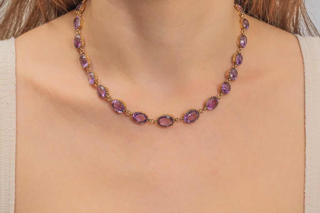 Antique 9ct Gold Amethyst Riviere Necklace, 48.00ct