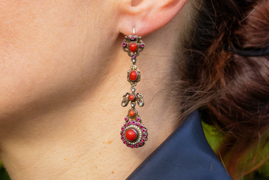 Austro-Hungarian Silver Coral & Pink Paste Drop Earrings