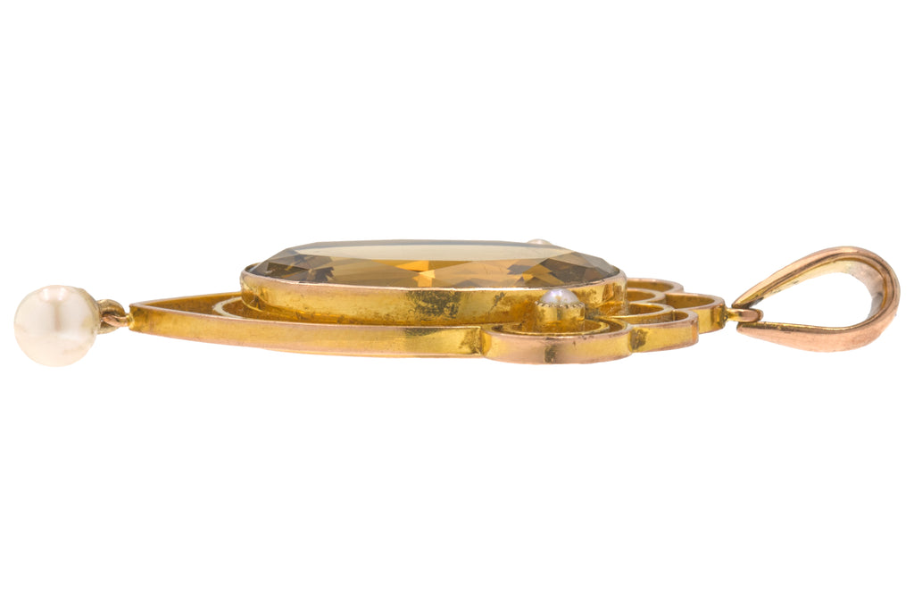 Antique 9ct Gold Citrine Pearl Lavalier Pendant, 7.15ct