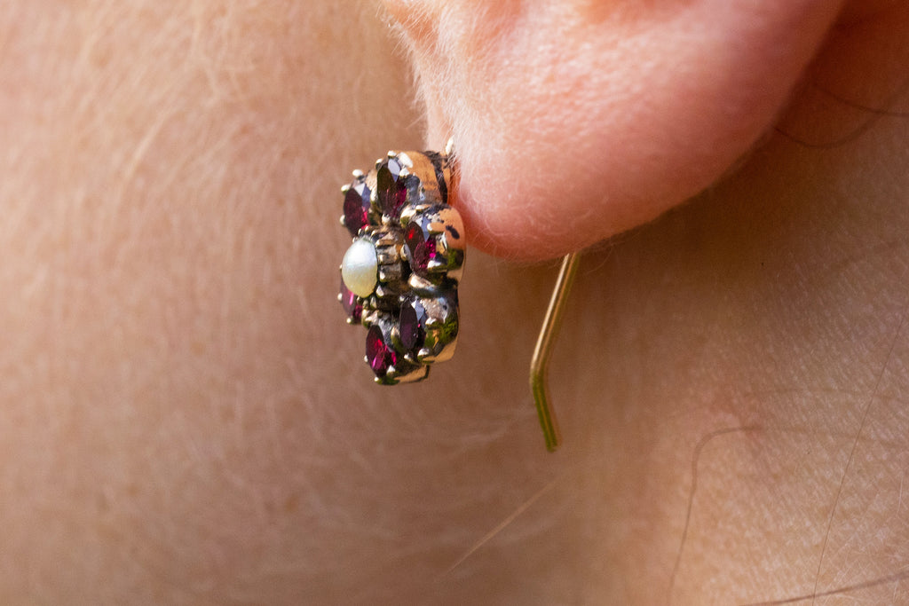 Georgian 9ct Gold Garnet Pearl Flower Stud Earrings