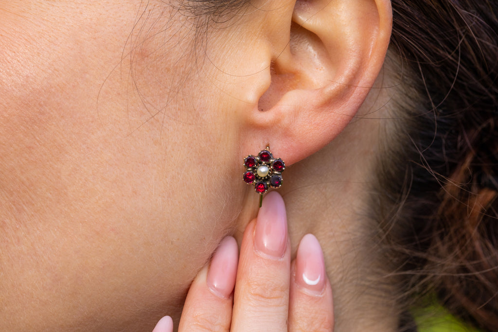 Georgian 9ct Gold Garnet Pearl Flower Stud Earrings