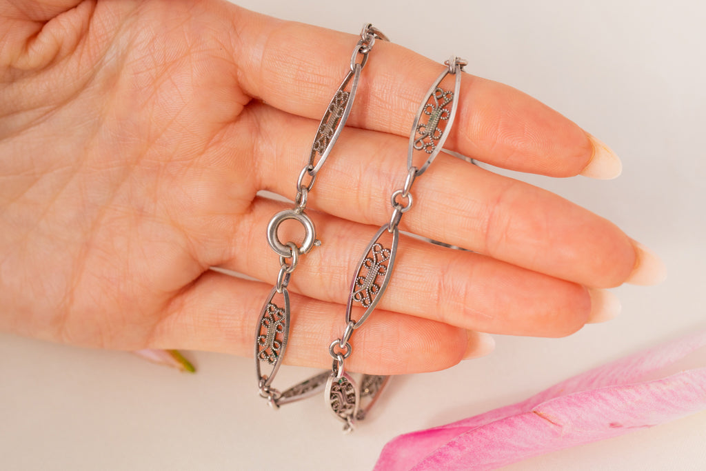 19" Antique French Silver Filigree Chain, 12.5g