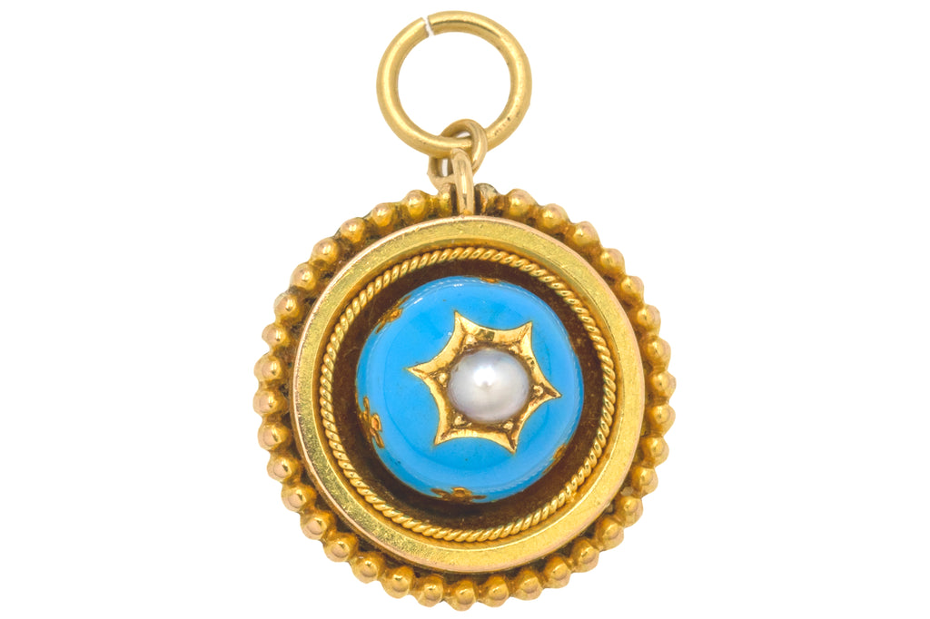 Antique 18ct Gold Blue Enamel Pearl Pendant