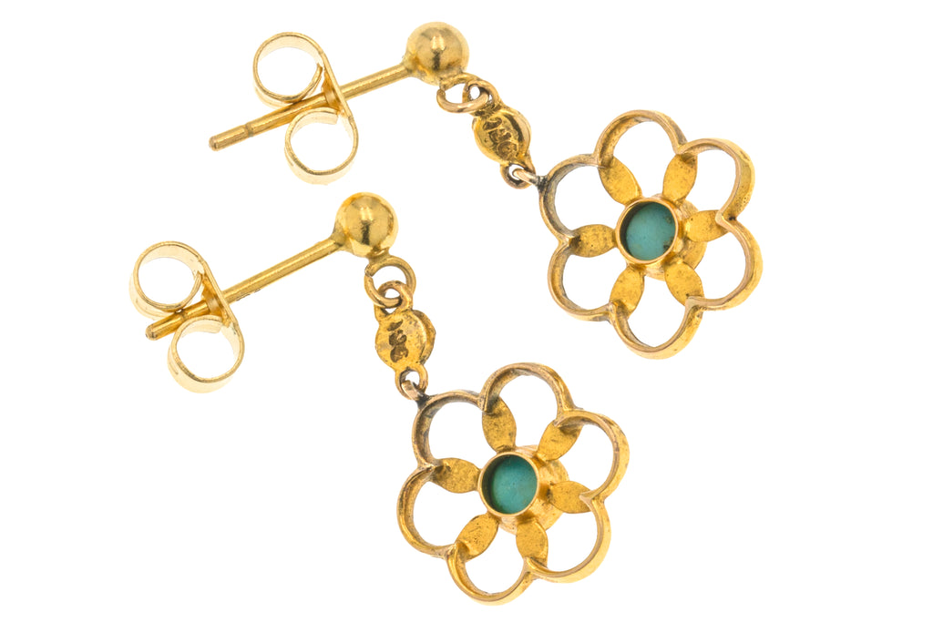 Antique 9ct Gold Turquoise Pearl Daisy Earrings