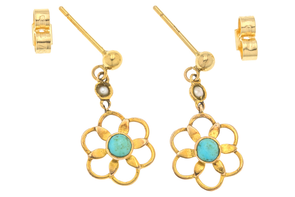 Antique 9ct Gold Turquoise Pearl Daisy Earrings