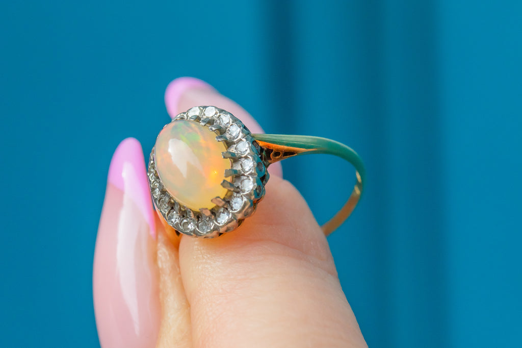 Art Deco 18ct Gold Opal Diamond Cluster Ring, 1.25ct Opal