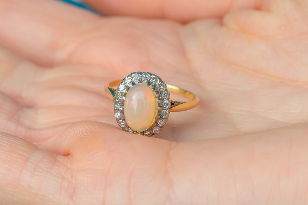 Art Deco 18ct Gold Opal Diamond Cluster Ring, 1.25ct Opal