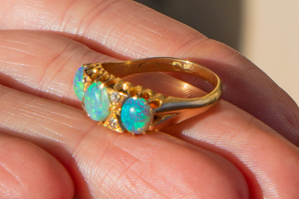 Antique 18ct Gold Opal Diamond Trilogy Ring, 1.05ct Opal