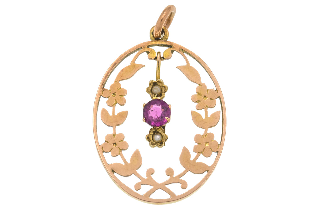Edwardian 9ct Gold Ruby Pearl Pendant