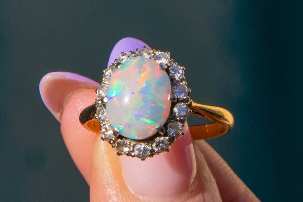 Antique 18ct Gold Opal Diamond Cluster Ring, 1.20ct Opal