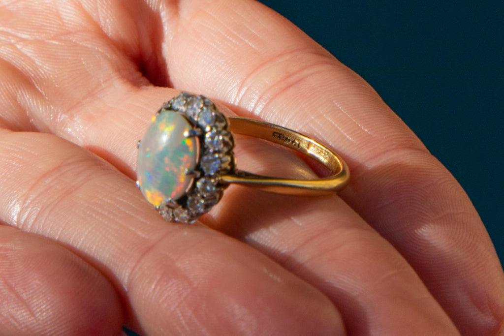 Antique 18ct Gold Opal Diamond Cluster Ring, 1.20ct Opal