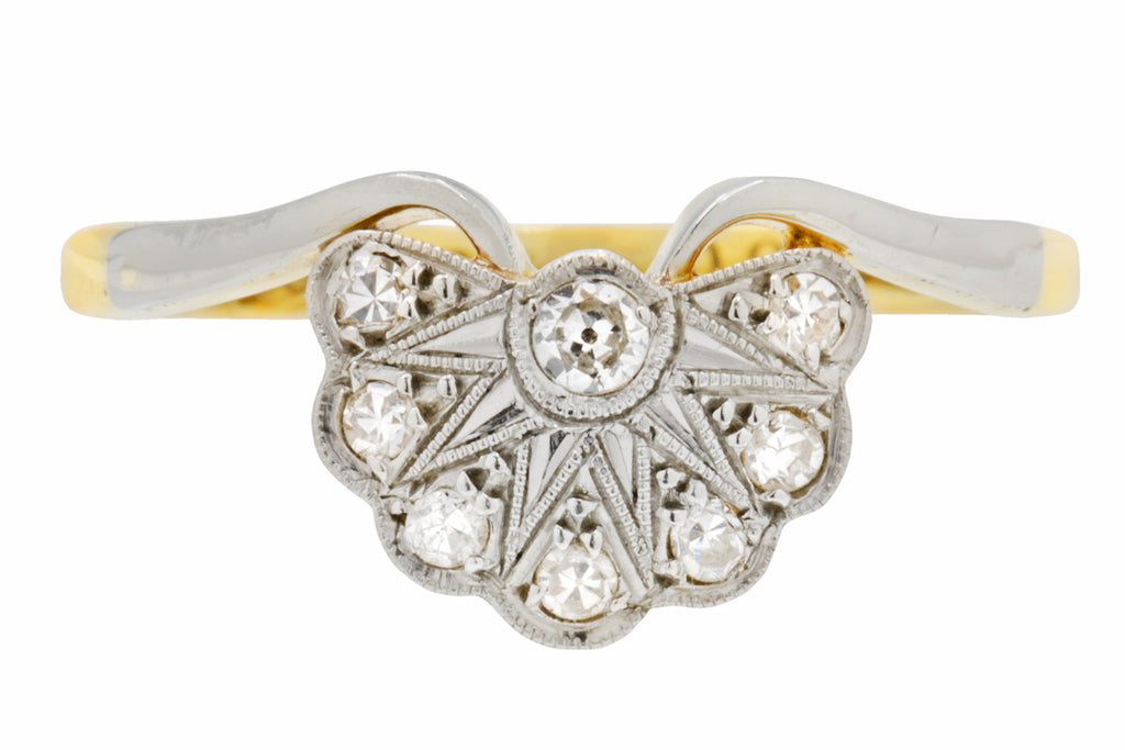 Art Deco 18ct Gold Platinum Diamond Fan Ring, 0.14ct