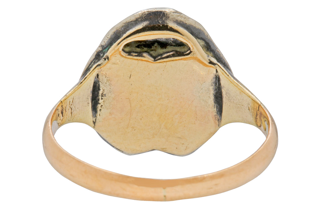 Georgian 15ct Gold Emerald Diamond Crowned Double Heart Ring, 0.60ct Emerald