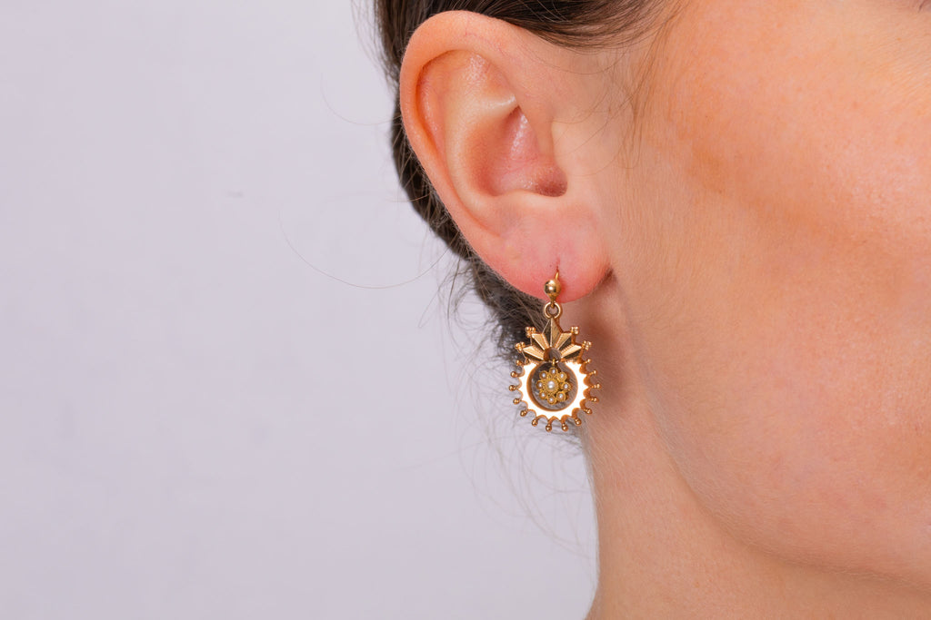 RARE LOZENGE MARK Victorian 9ct Gold Pearl Flower Drop Earrings, 1880