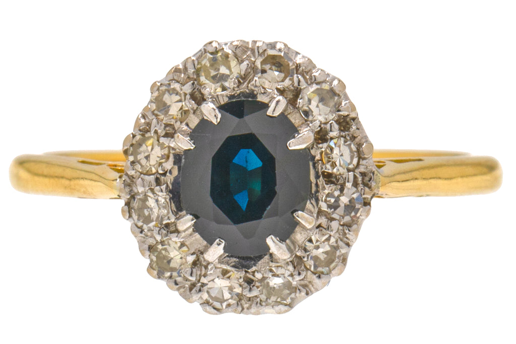 18ct Gold Natural Sapphire Diamond Cluster Ring, 0.30ct Oval Sapphire