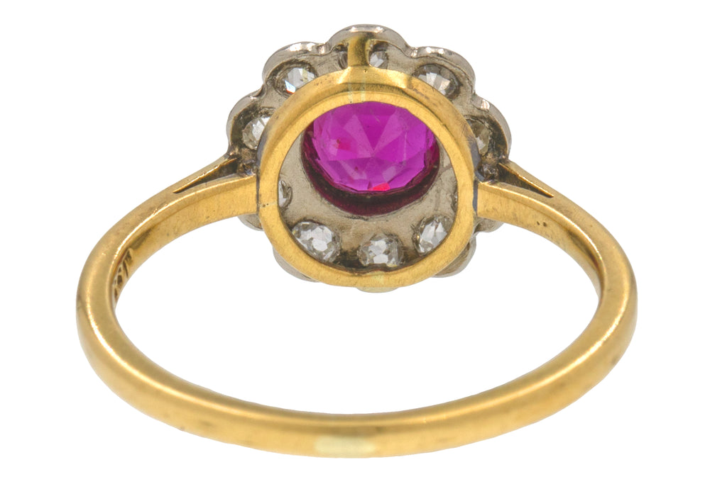 Antique 18ct Gold Burmese Ruby Diamond Flower Cluster Ring, 0.30ct Ruby