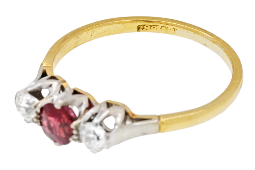 Edwardian 18ct Gold Ruby Diamond Trilogy Ring, 0.38ct Ruby