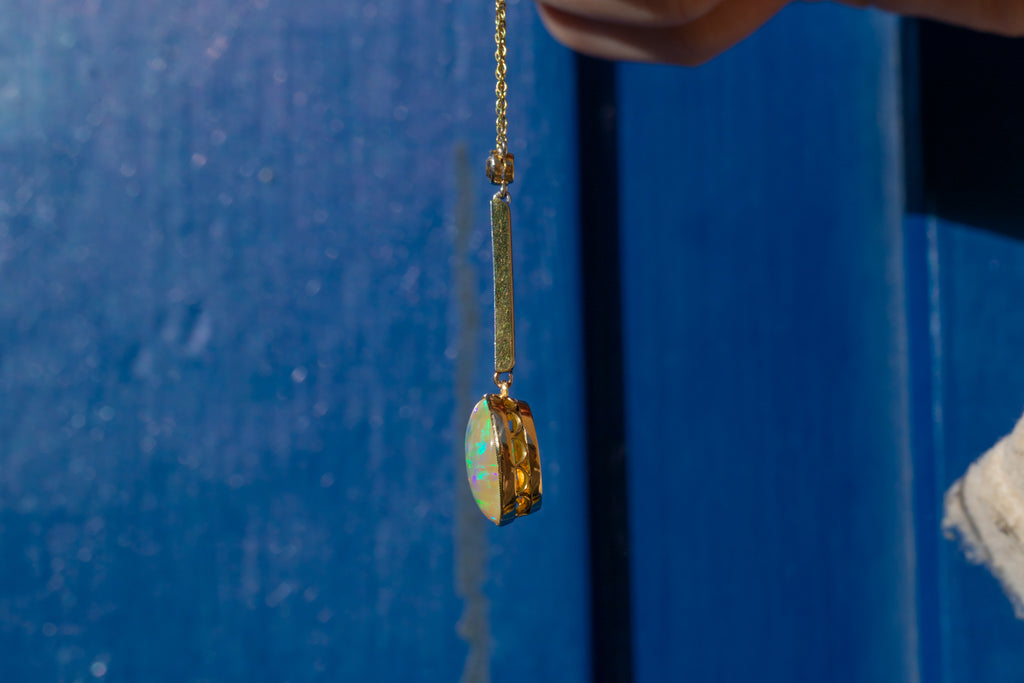 Edwardian 15ct Gold Diamond Opal Drop Necklace, 3.50ct Opal