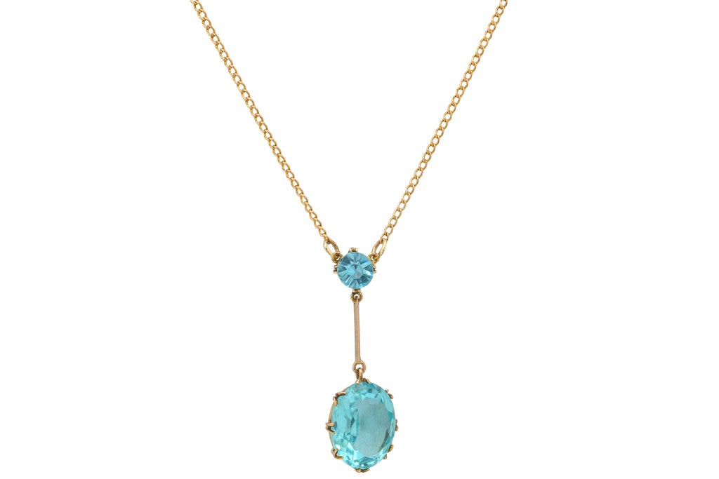 Antique 9ct Gold Blue Paste Drop Necklace