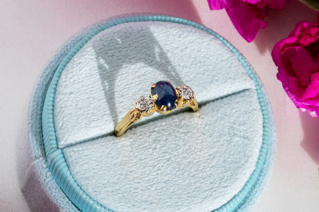 Art Deco 18ct Gold Sapphire Cabochon Diamond Trilogy Ring, 1.15ct Sapphire