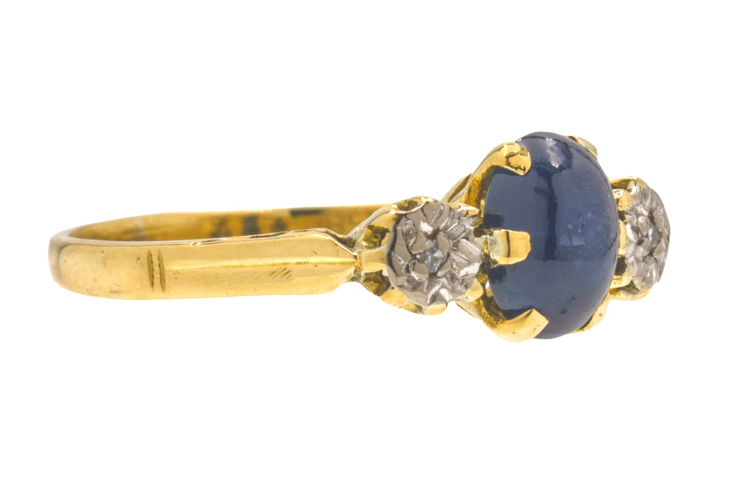 Art Deco 18ct Gold Sapphire Cabochon Diamond Trilogy Ring, 1.15ct Sapphire