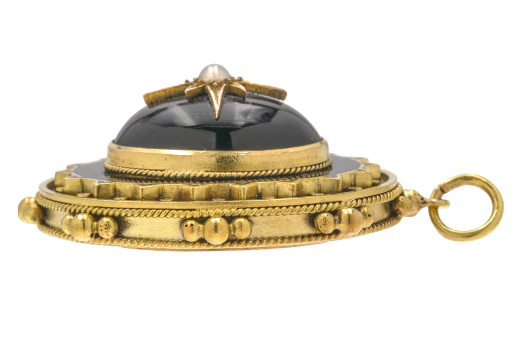 Antique 15ct Gold Etruscan Onyx Pearl Pendant, Locket Back