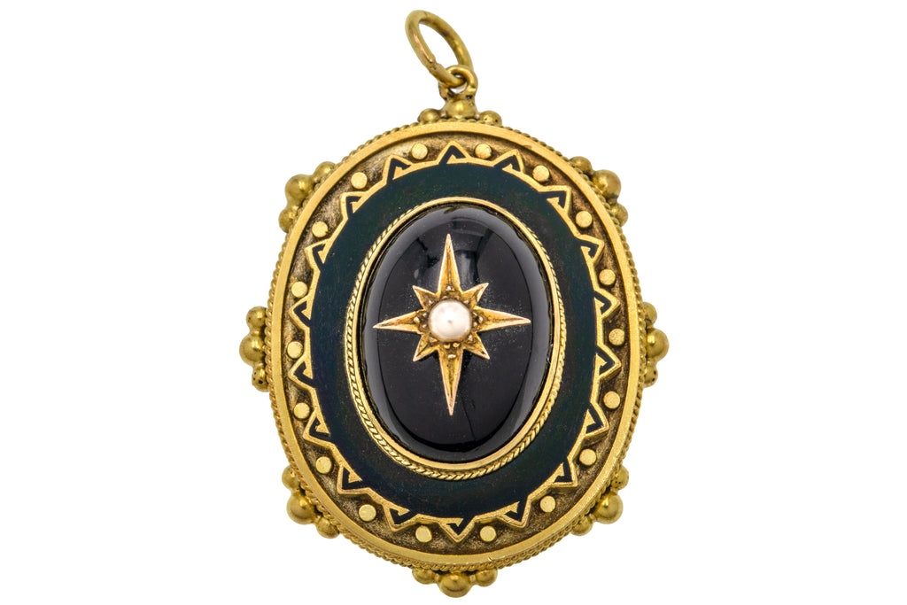Antique 15ct Gold Etruscan Onyx Pearl Pendant, Locket Back