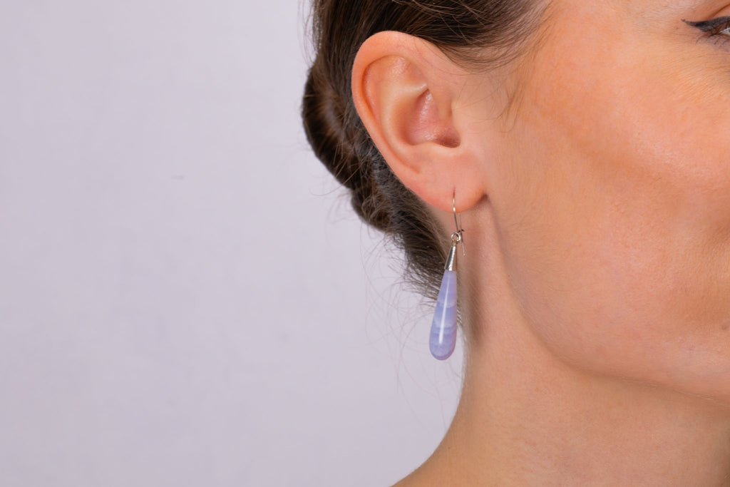 Victorian Silver Blue Lace Agate Torpedo Drop Earrings