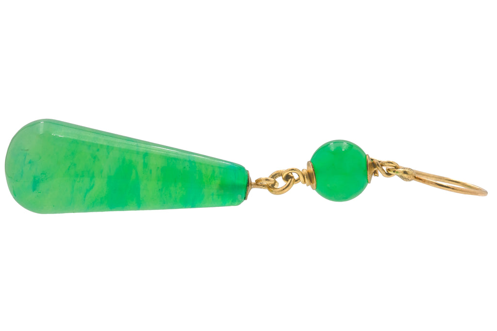 Antique 9ct Gold Green Chalcedony Drop Earrings