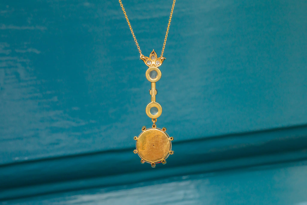 Edwardian 18ct Gold Moonstone Diamond Drop Necklace, 17.00ct Moonstone