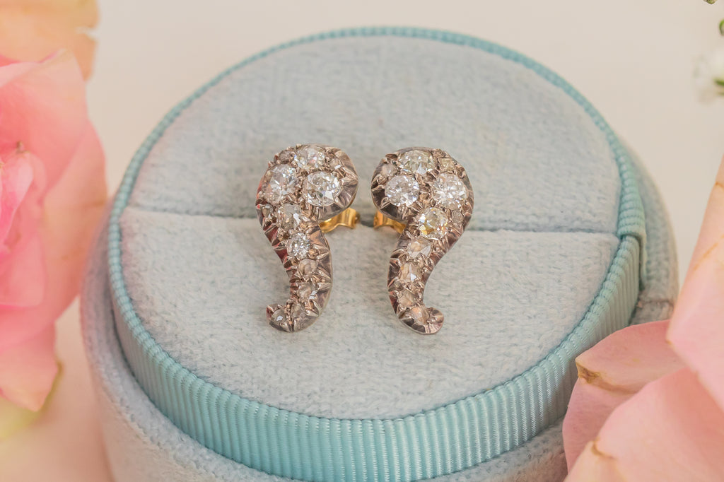 Antique Diamond Question Mark Stud Earrings, 1.15ct