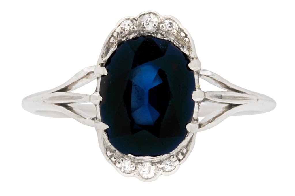 Edwardian Platinum Sapphire Diamond Cluster Ring, 2.10ct Sapphire