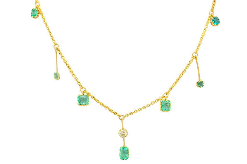 Antique 18ct Gold Emerald Diamond Fringe Necklace, 1.80ct Emeralds