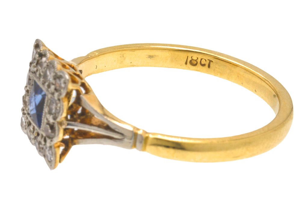Square Art Deco 18ct Gold French Cut Sapphire Diamond Ring