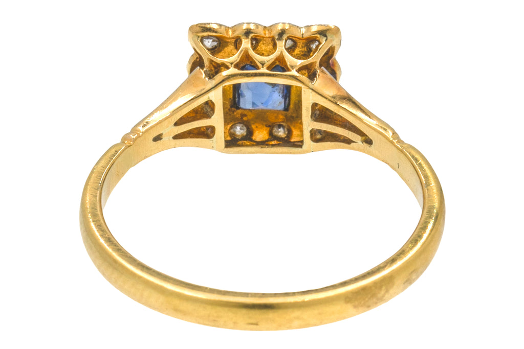 Square Art Deco 18ct Gold French Cut Sapphire Diamond Ring