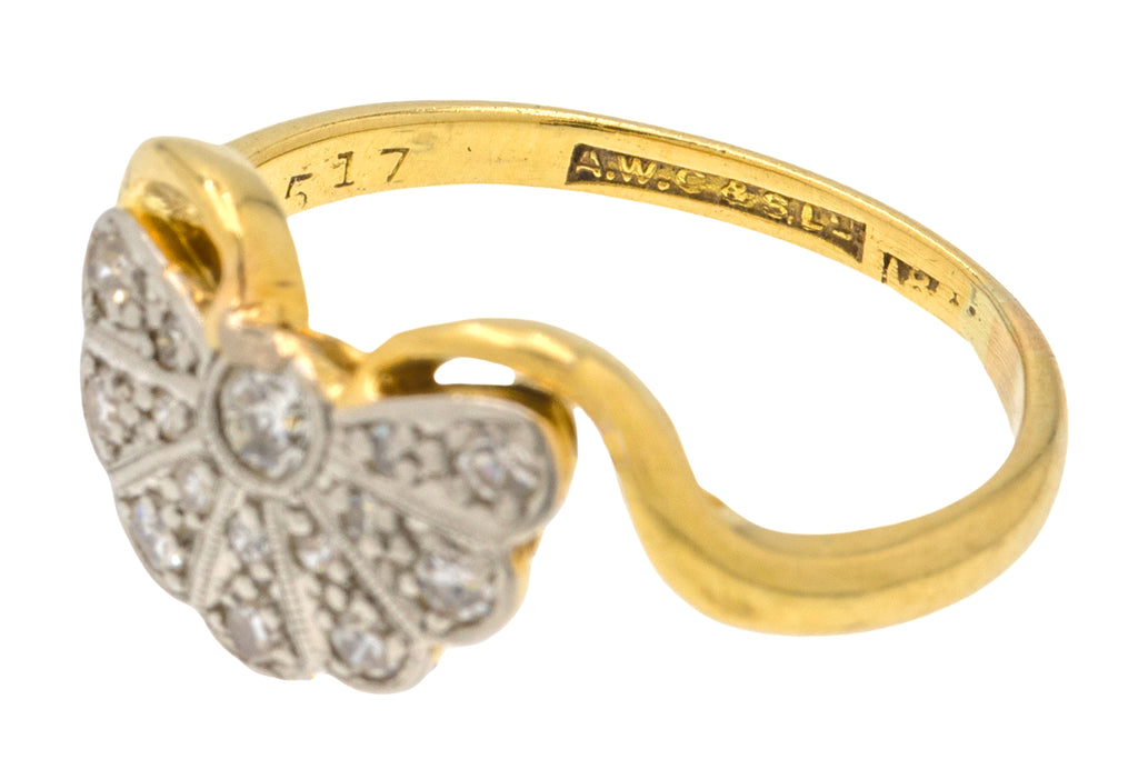 Rare Art Deco 18ct Gold Platinum Diamond Fan Ring, 0.25ct