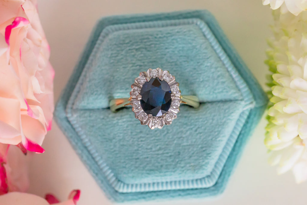 Vintage 18ct Gold Natural Sapphire Diamond Cluster Ring, 1.40ct Sapphire
