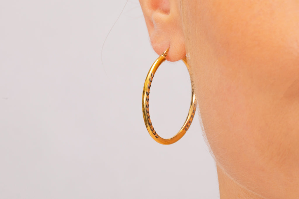 9ct Gold Vermeil Engraved Detail Hoop Earrings, 35mm Diameter