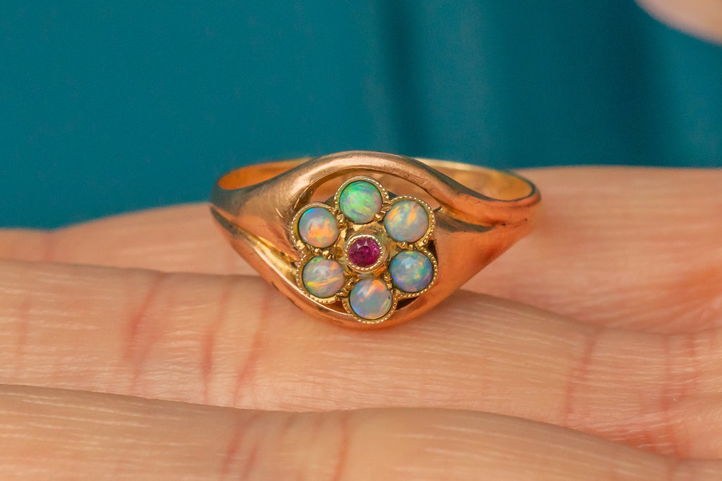 Art Nouveau 9ct Gold Opal Ruby Daisy Cluster Ring