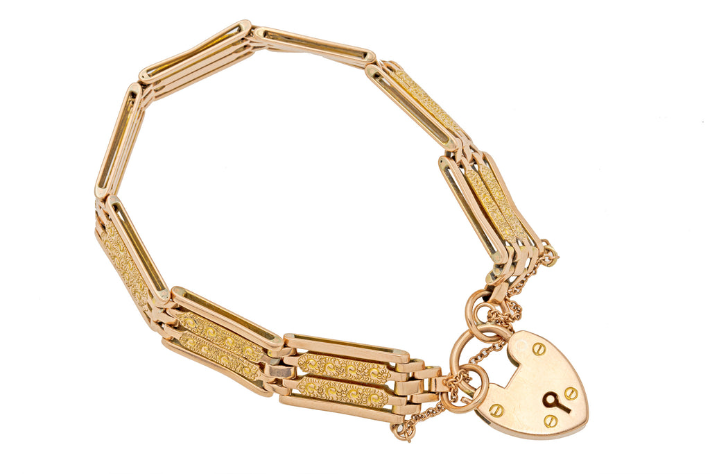 Antique 9ct Gold Gate Bracelet with Heart Padlock, 17.8g