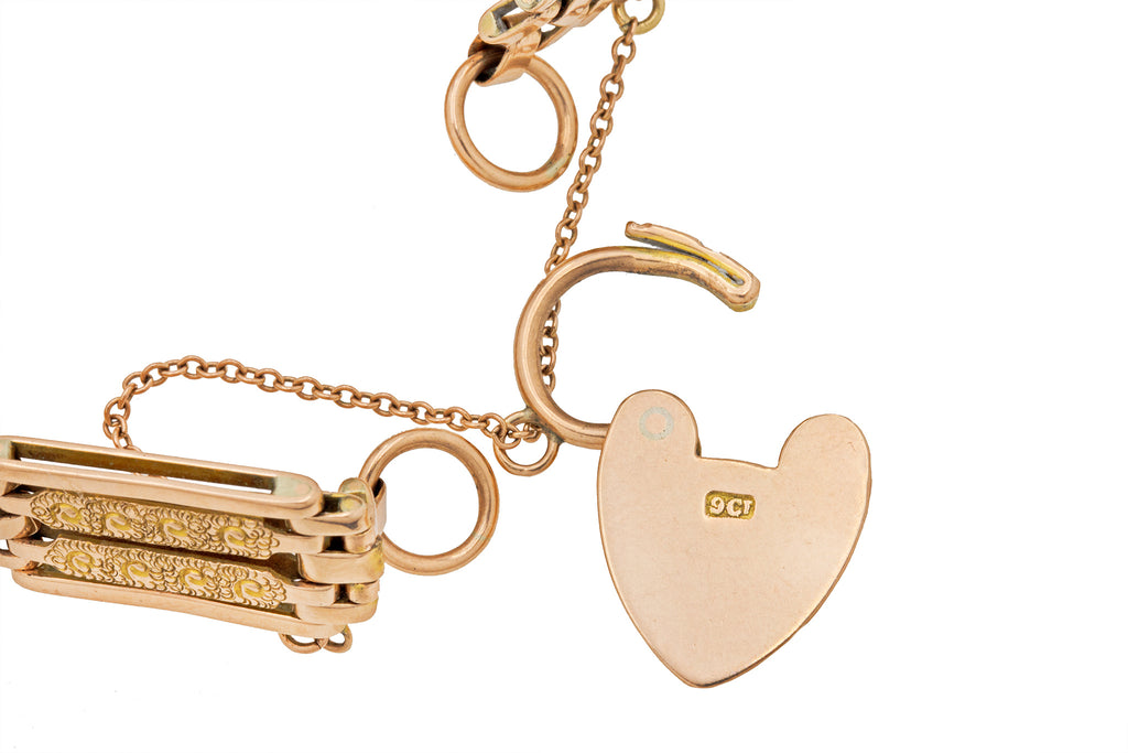Antique 9ct Gold Gate Bracelet with Heart Padlock, 17.8g