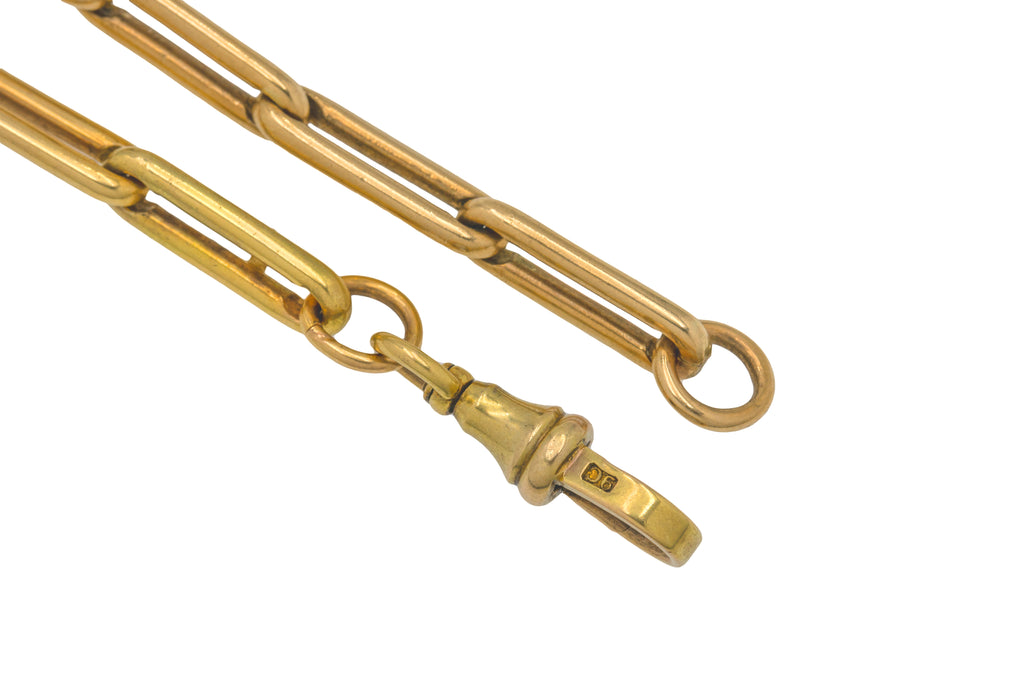 22.5" Antique 9ct Gold Trombone Link Chain, Dog-Clip Clasp 53.5g