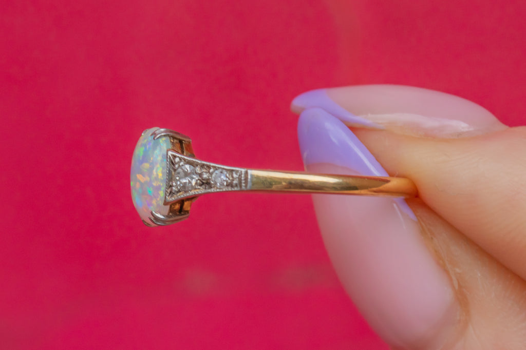 Art Deco 18ct Gold Opal Diamond Ring, 0.60ct Opal