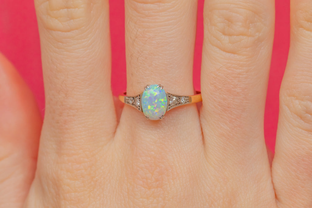 Art Deco 18ct Gold Opal Diamond Ring, 0.60ct Opal