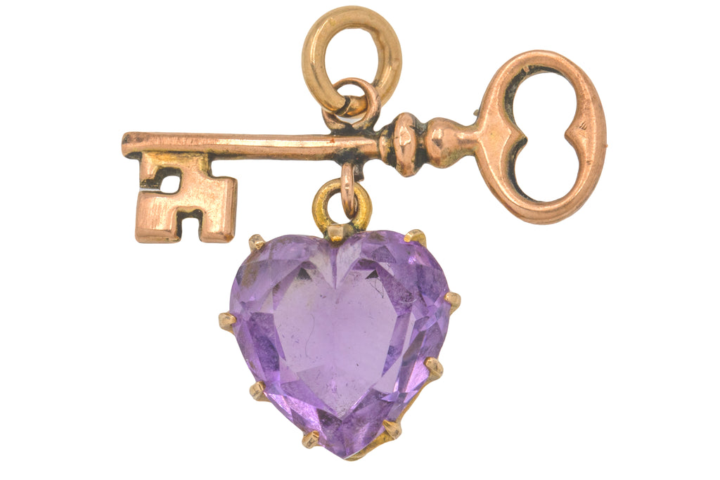 Antique 9ct Gold Amethyst Heart & Key Charm