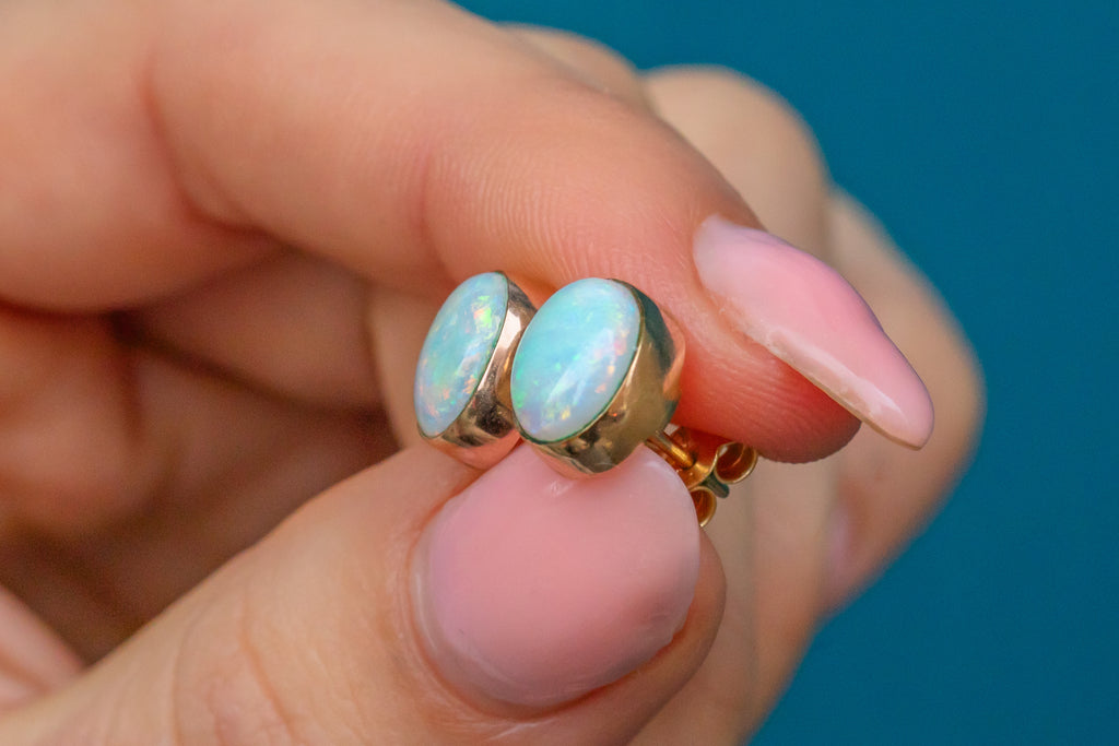 Antique 9ct Gold Opal Bezel-Set Stud Earrings