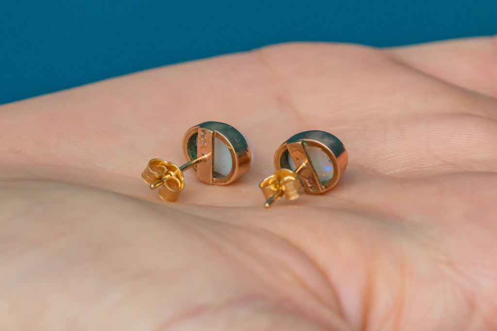 Antique 9ct Gold Opal Bezel-Set Stud Earrings