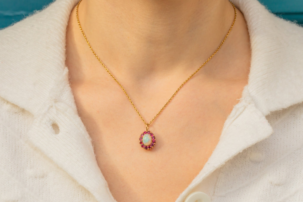 Antique 15ct Gold Ruby Opal Cluster Pendant, 0.90ct Opal