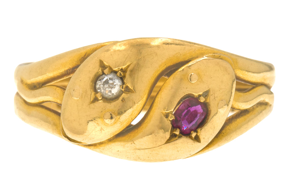 Antique 18ct Gold Ruby Diamond Double Snake Ring