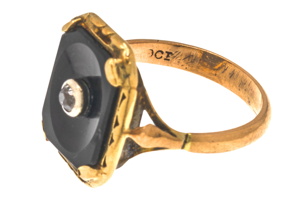 Art Deco 9ct Gold Onyx Diamond Panel Ring